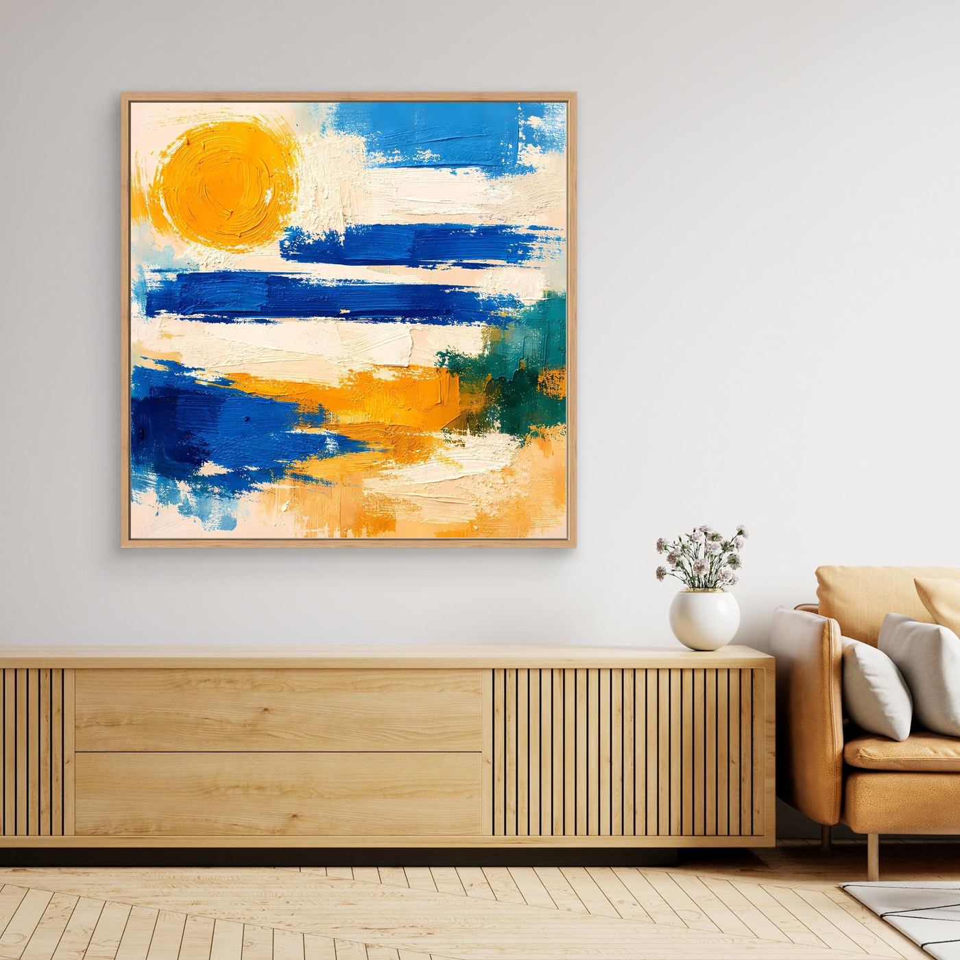 Abstract seascape wall art with sunlike circle, blue and yellow strokes, oak frame
