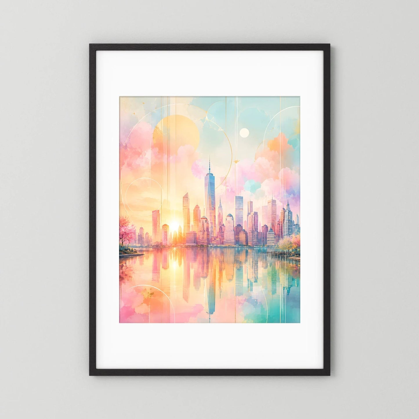 Hochformatiges Kunstposter im schwarzen Rahmen mit weißem Passepartout, Pastell-Skyline