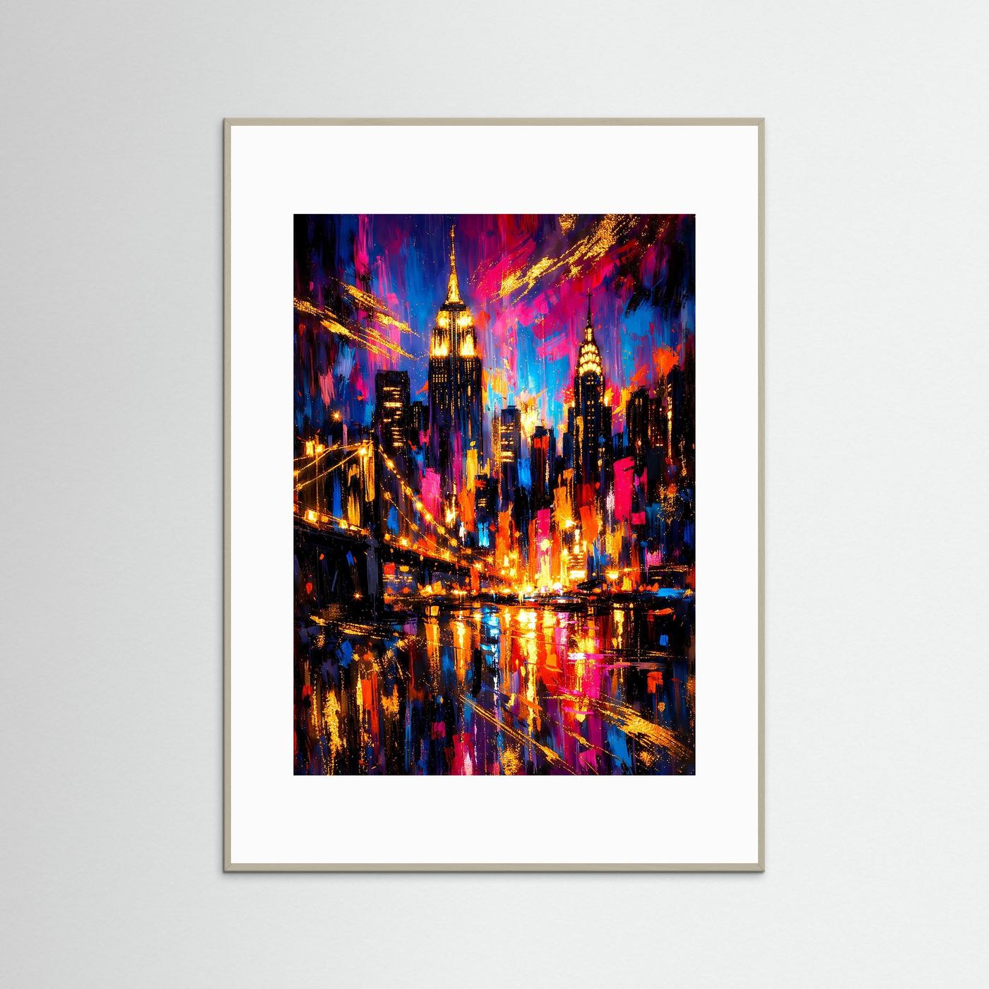 Abstraktes Stadtposter mit Skyline in Neonfarben, grauer Rahmen