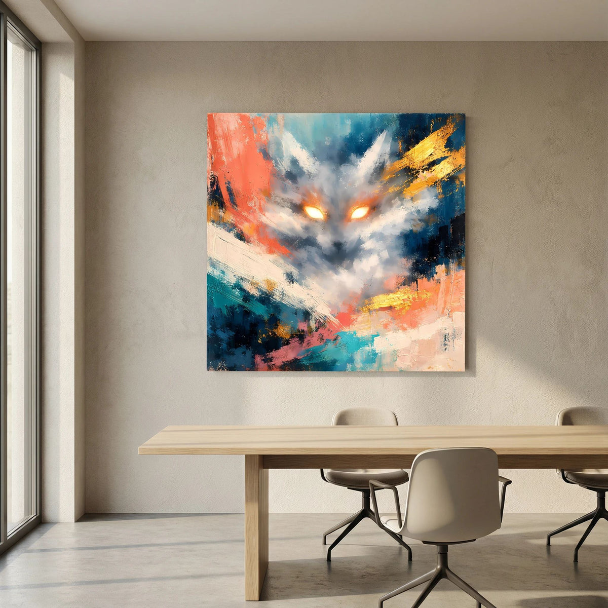 Abstraktes Leinwandbild mit Fuchsgesicht, leuchtende Augen, kräftige Pinselstriche in Türkis und Orange.