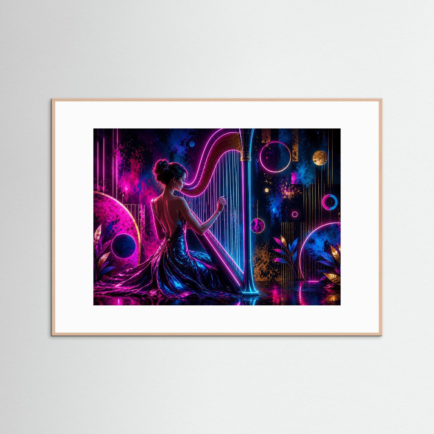 Harfenspielerin im Neonlicht | Moderne Musik Wandkunst in Pink & Blau