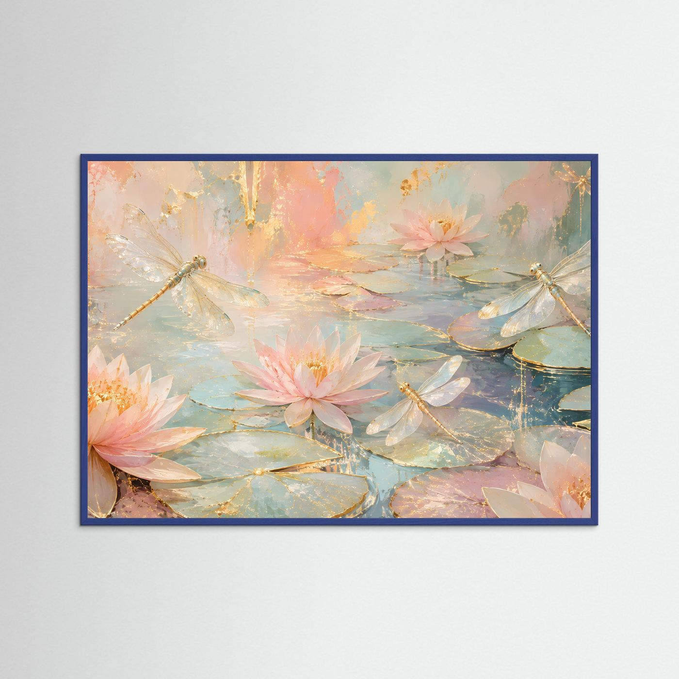 Wandbild mit Seerosen und Libellen, Pastell-Teichmotiv, blauer Rahmen