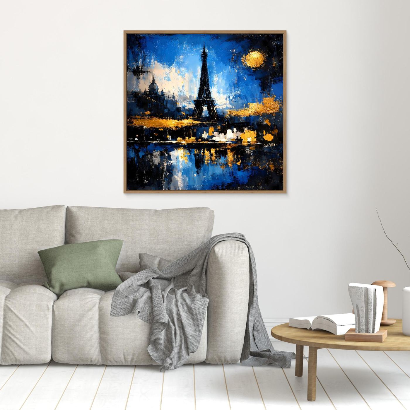 Kleines Leinwand-Wandbild mit Eiffelturm-Silhouette, blauem Nachthimmel, rundem Mond, Holzrahmen