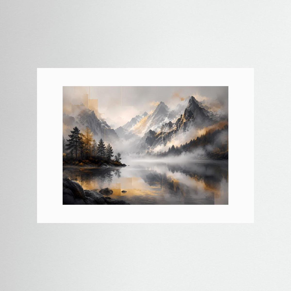 Querformatiges Poster mit weißem Passepartout: nebliger Bergsee mit Bergen und Tannen.
