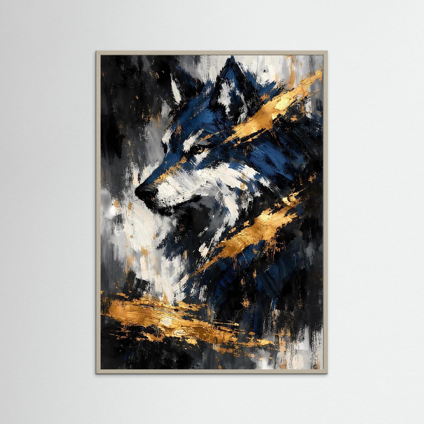 Wolfskunstposter mit abstraktem Tierporträt in Blau, Schwarz und Gold, grauer Rahmen