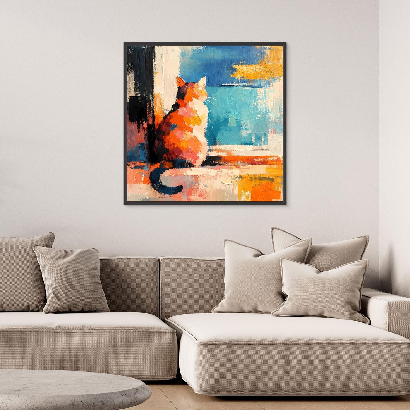 Black-framed abstract cat wall art canvas, orange-and-blue cat painting with bold textures