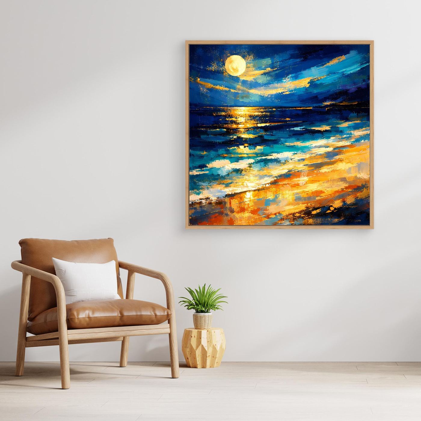 Gerahmtes Leinwandbild mit Vollmond über dem Meer, blaue Pinselzüge und goldene Akzente