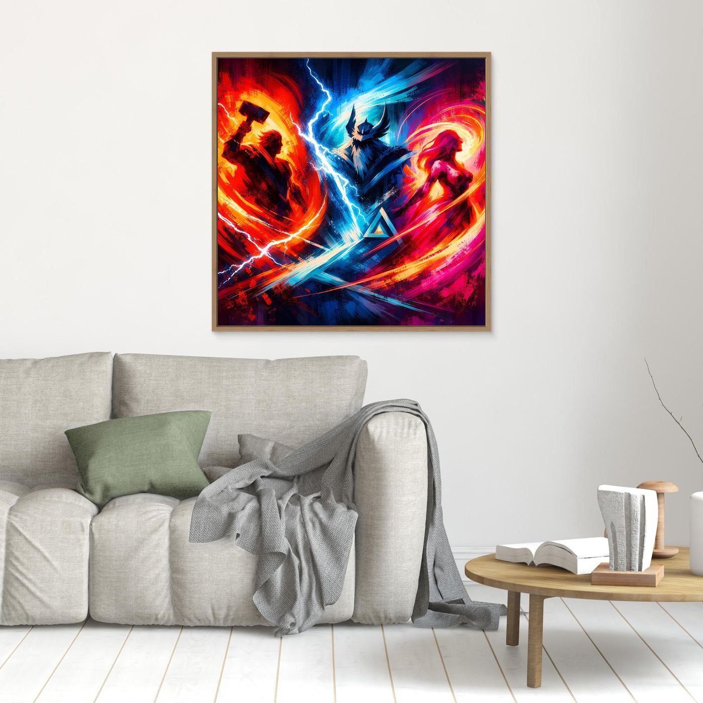 Neon-Fantasy-Wandbild im kleinen braunen Rahmen: blaue Blitz- und rote Wirbelgrafik