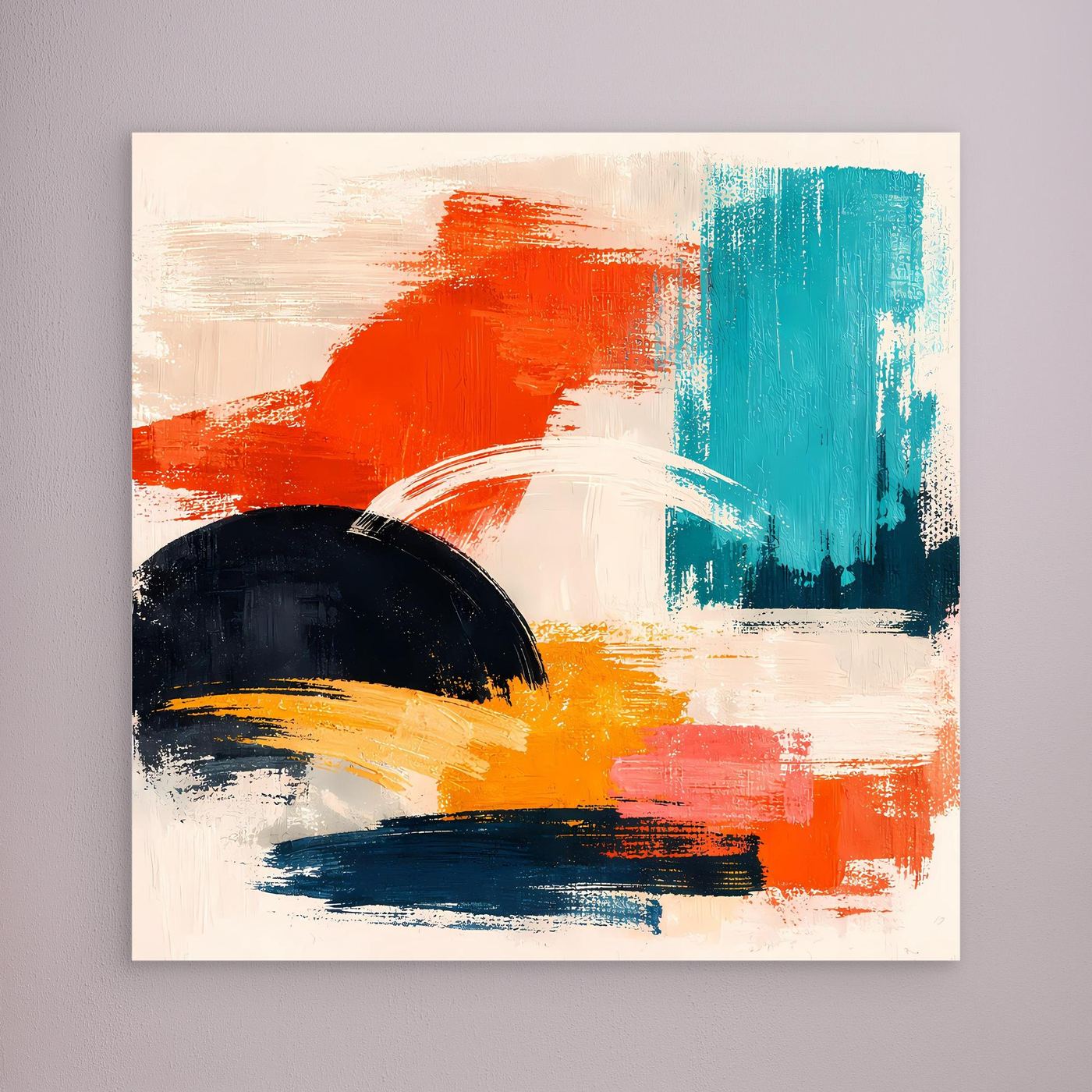 Abstraktes Leinwandbild mit orange, türkis und schwarzen Pinselstrichen, ohne sichtbaren Rahmen