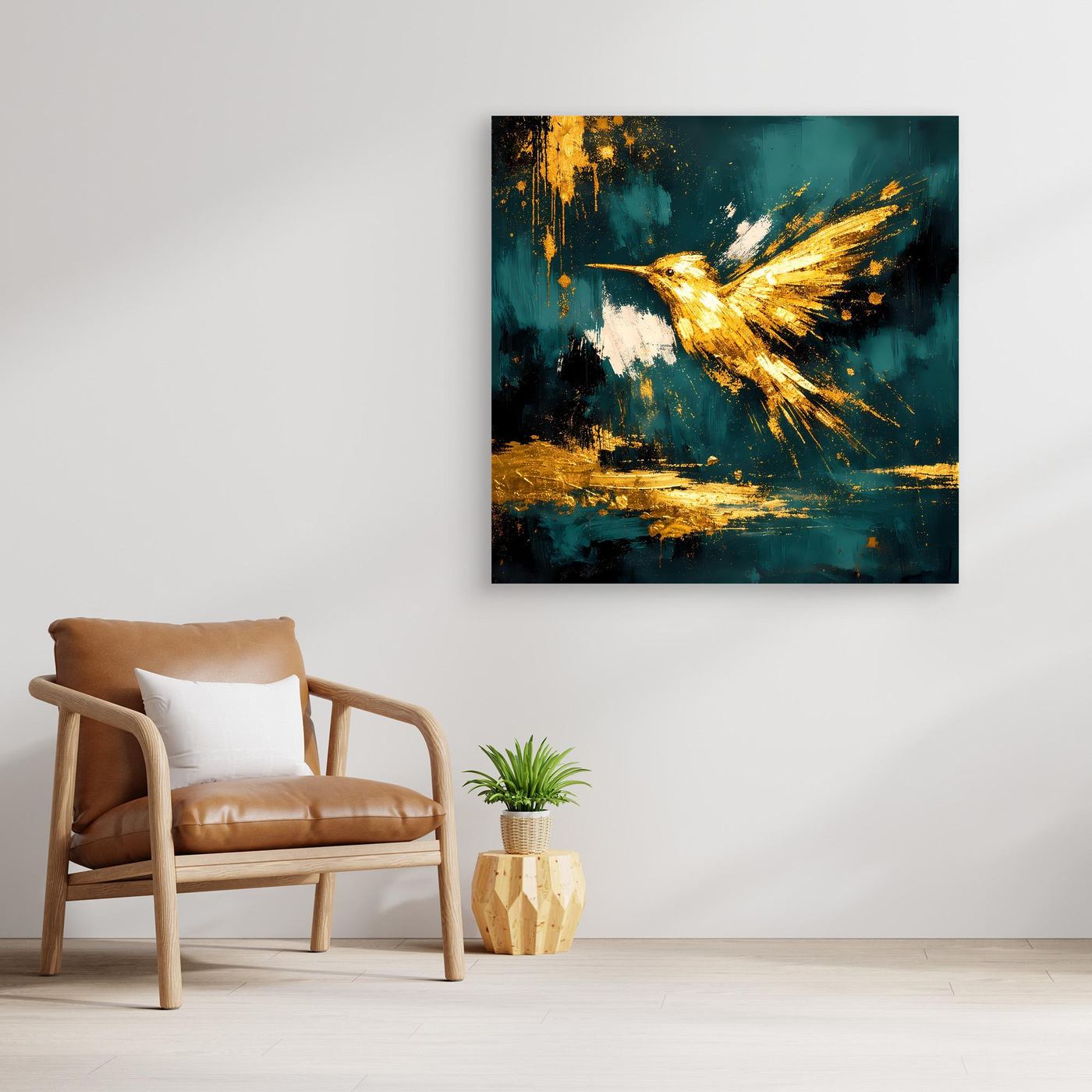 Leinwand Goldener Kolibri im Flug | Abstraktes Modernes Vogel Wandbild Kunst