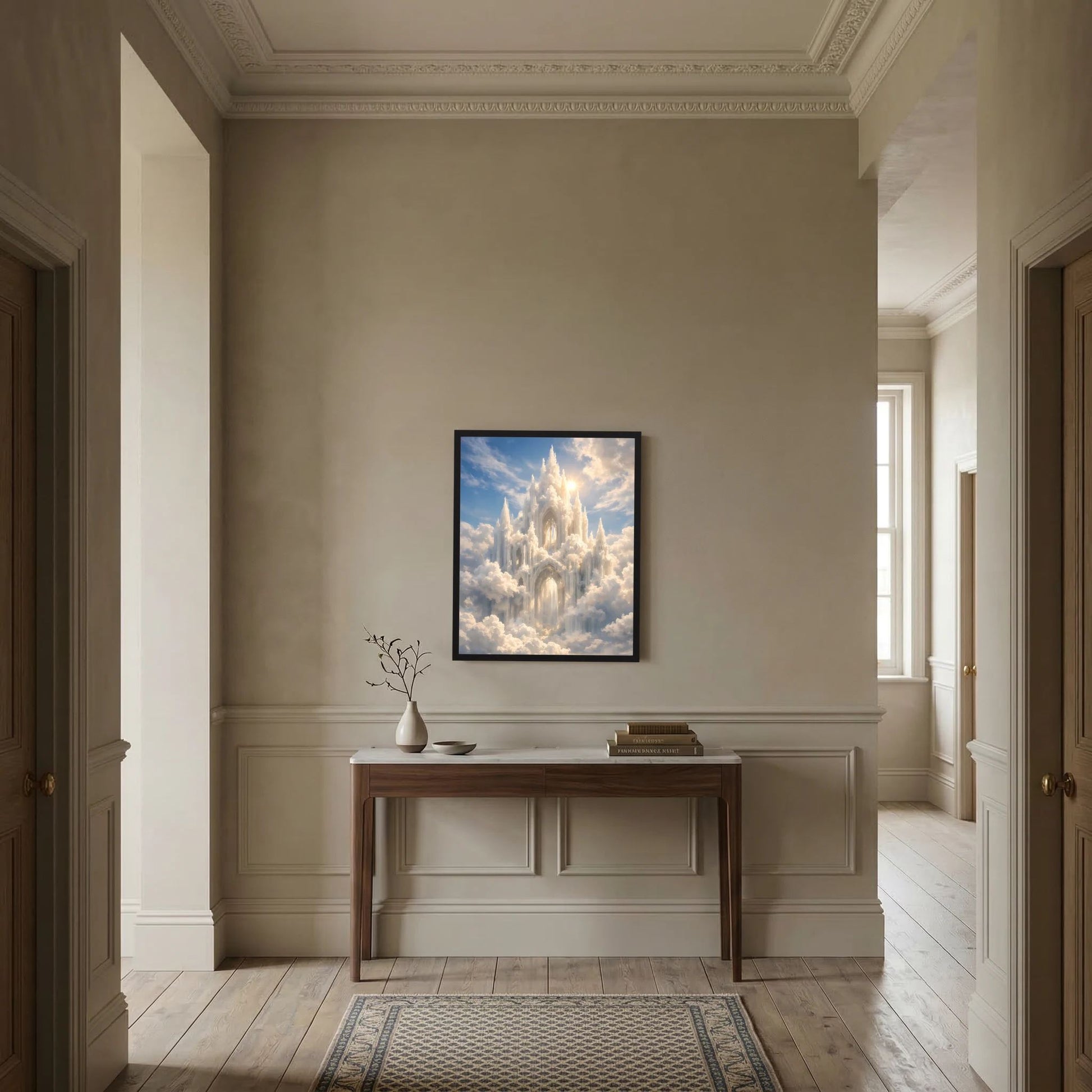 Hochformat-Poster mit Schloss in Wolken, schwarzer Rahmen an weißen Wandpaneelen