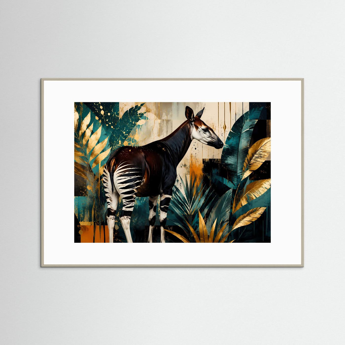 Anmutige Okapi im Dschungel-Farbspiel | Modernes Wildlife- & Dschungel-Poster Querformat