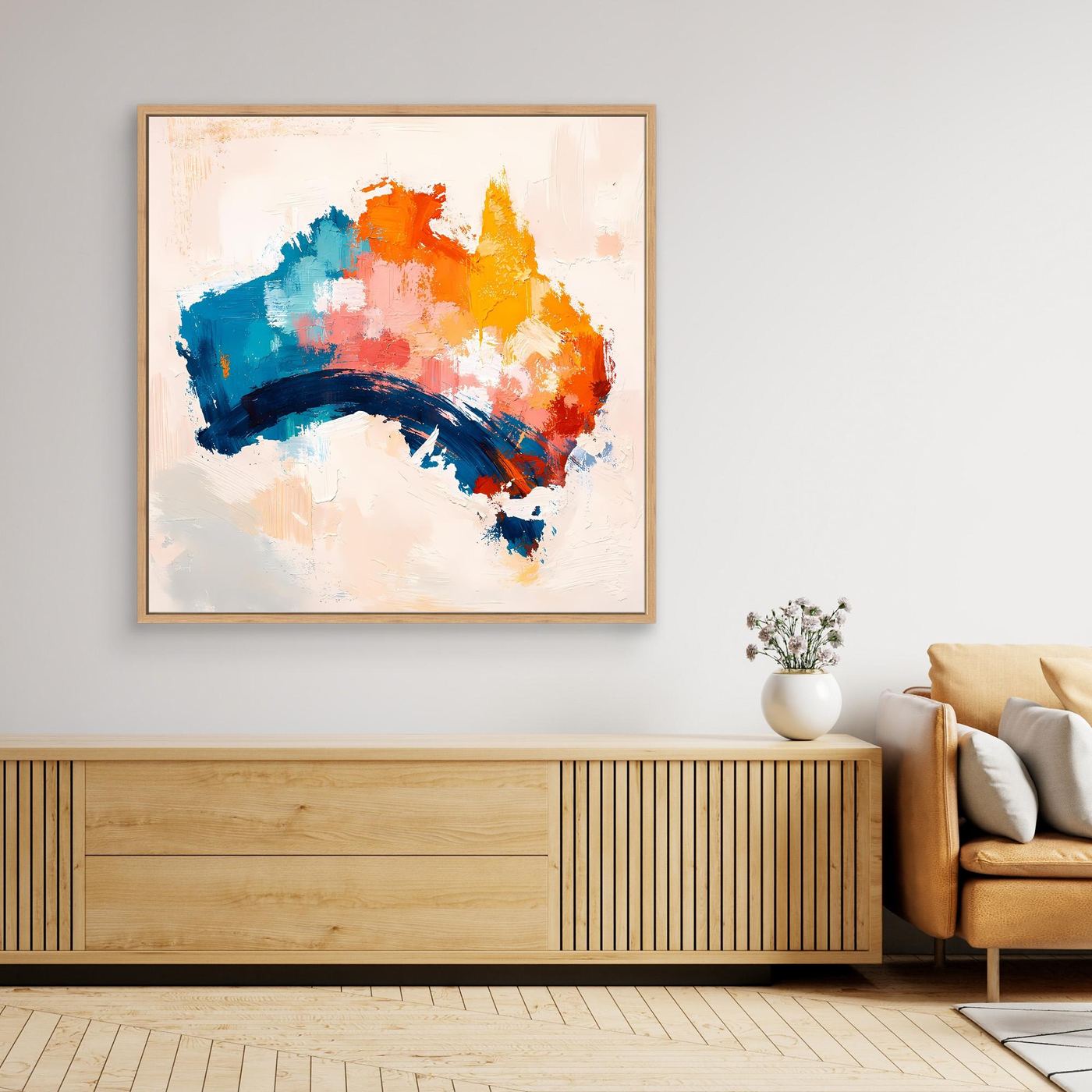 Abstract Australia wall canvas with gold wood frame and blue, orange, yellow brushstrokes