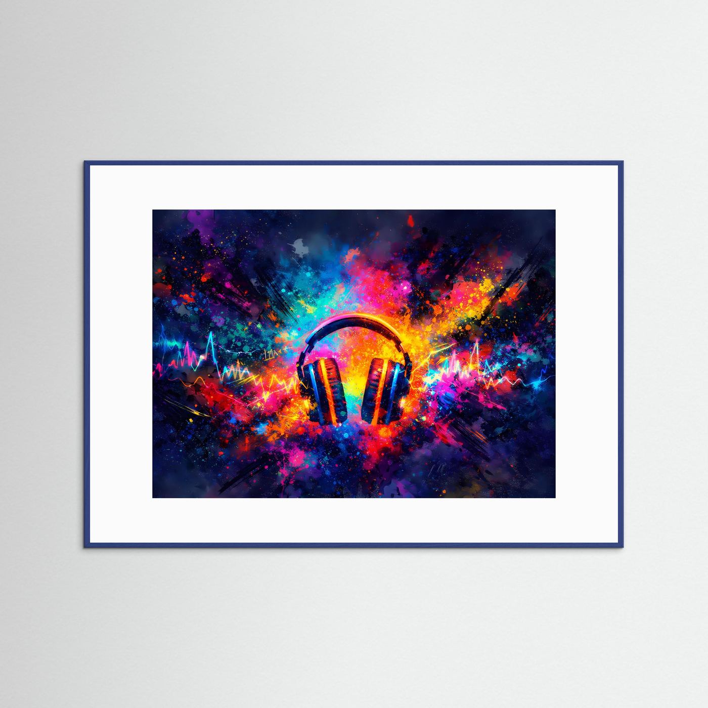 Querformatiges Kopfhörer-Kunstposter mit buntem Soundwave-Motiv im blauem Holzrahmen