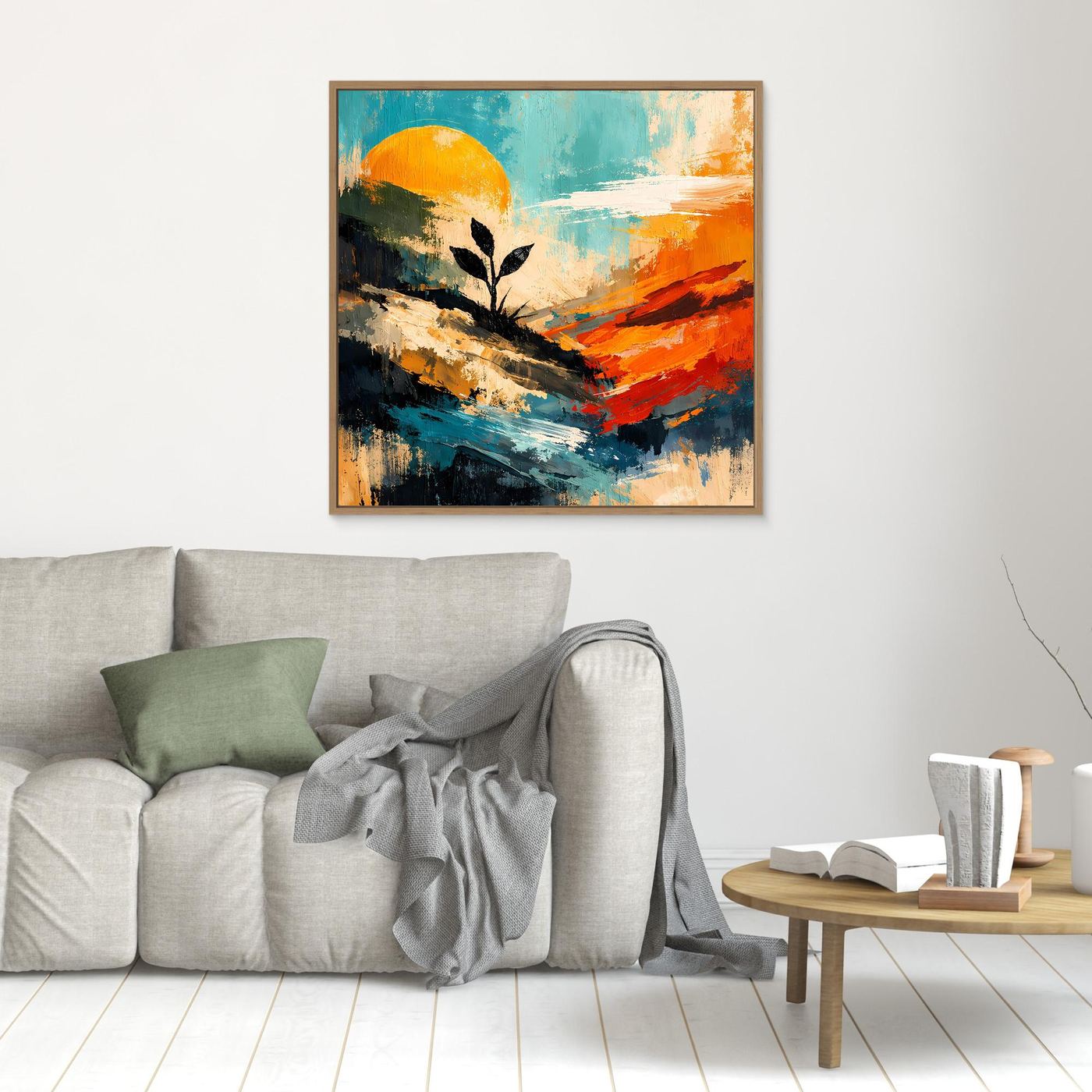Wandbild mit Holzrahmen: abstraktes Pflanzenmotiv und Sonnenkreis, orange-blaue Farbflächen