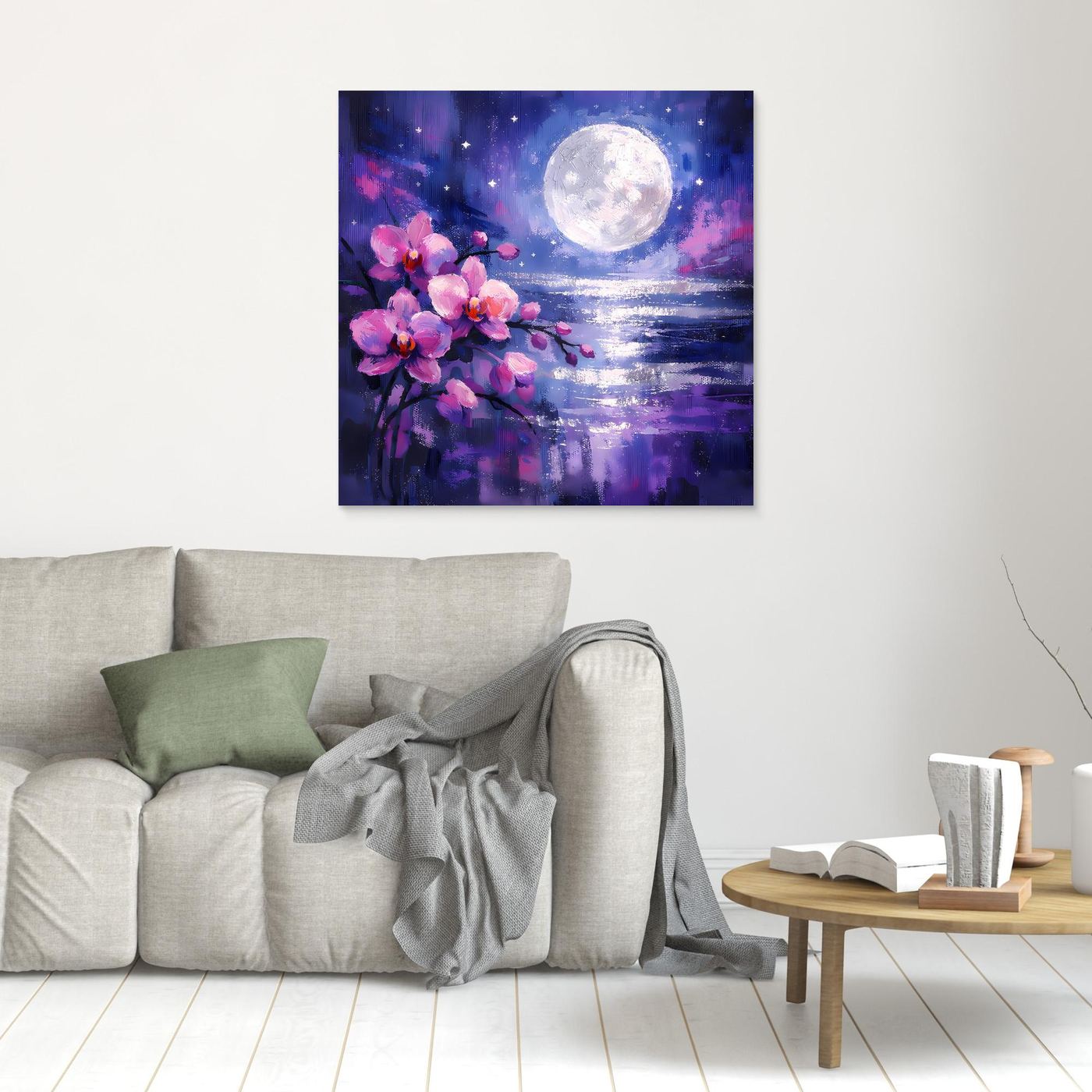 Wandbild im Detail: pinke Orchideenblüten, Vollmond und Sternenhimmel über Meer
