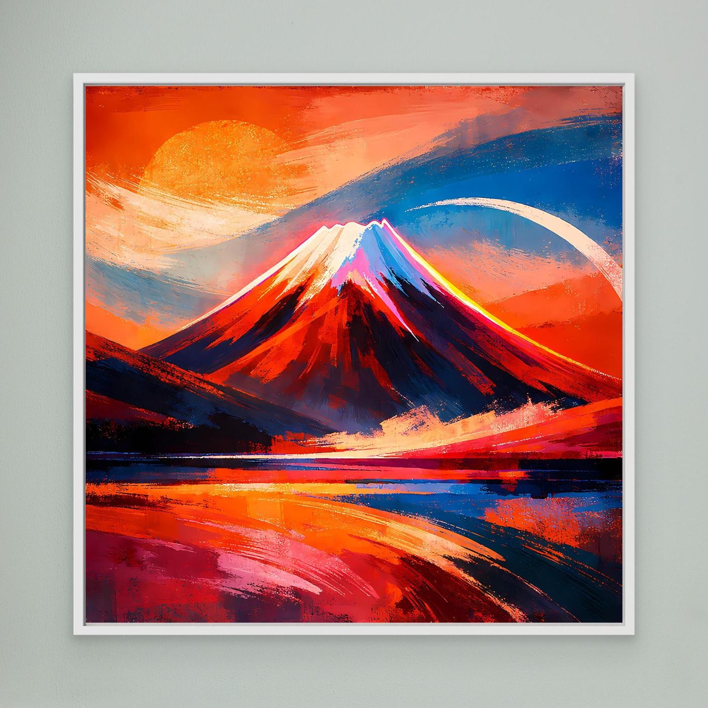 Gerahmtes Wandbild: abstrakter Berg im Sonnenuntergang, Rot-Blau, weißer Rahmen