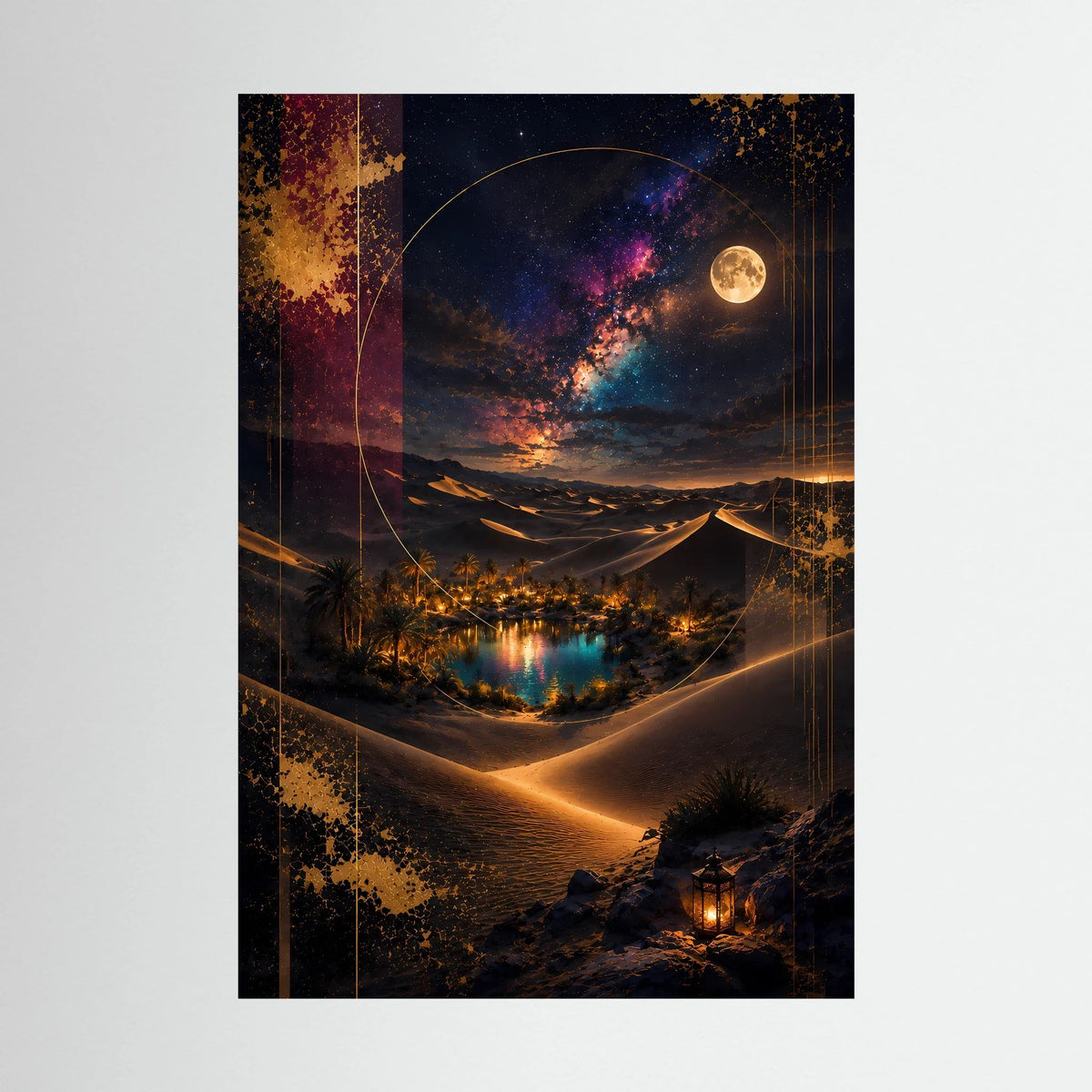 Hochformatposter mit Vollmond über Dünen und sternenreichem Himmel, leuchtende Wüstenoase