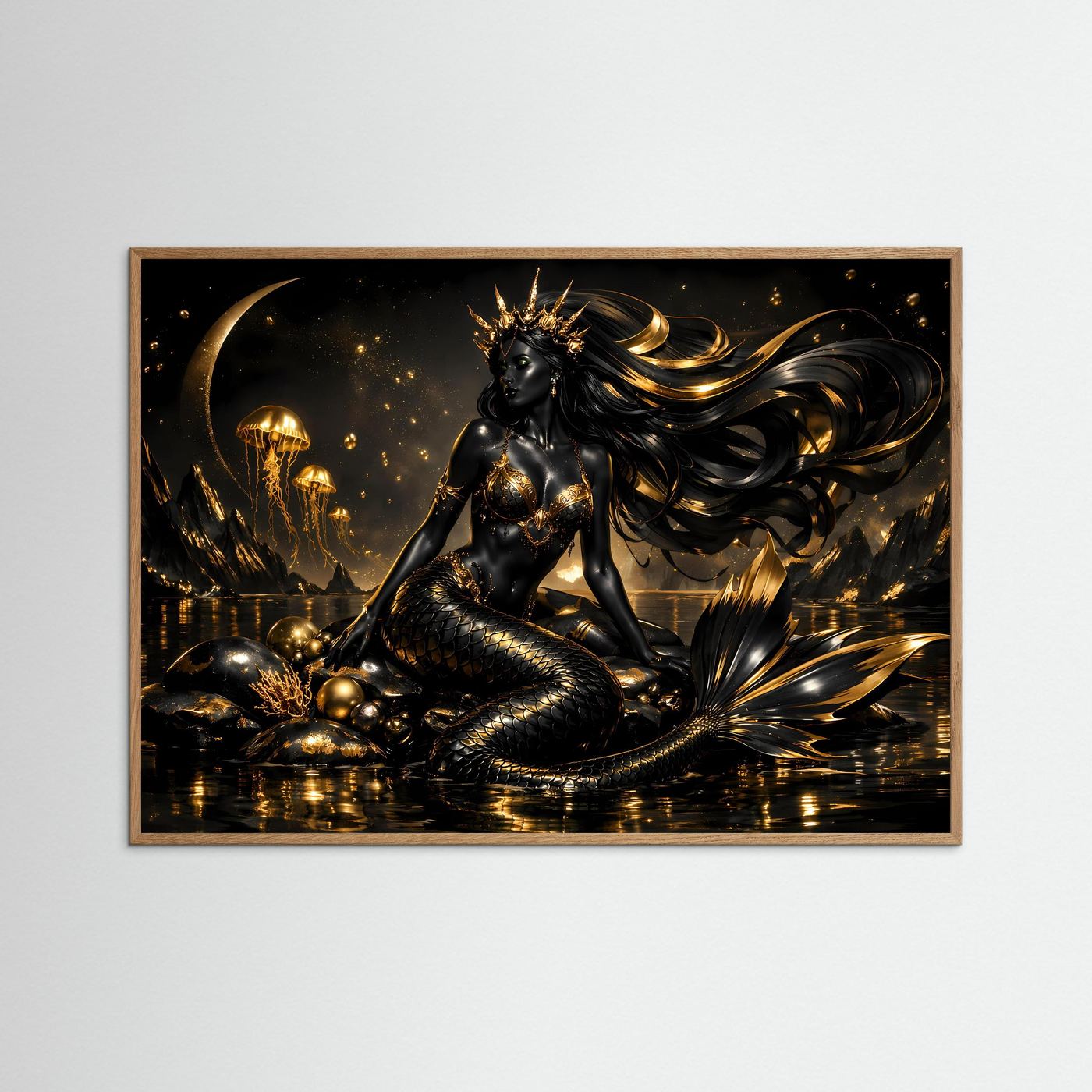 Schwarze Meerjungfrau mit Goldkrone & Quallen | Mystisches Wandbild Querformat