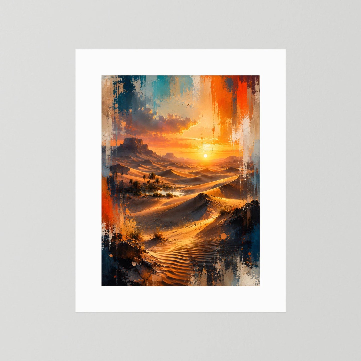 Hochformat-Poster ohne Rahmen, nur weißer Rand: abstrakte Oase in Orange und Blau