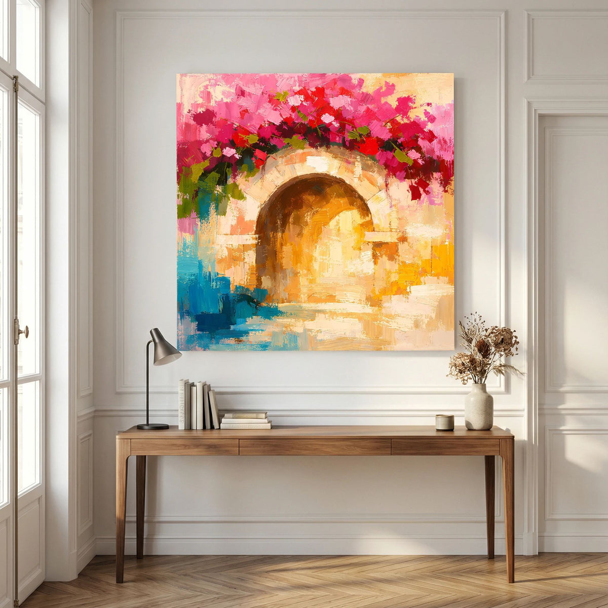 Leinwand-Wandbild: abstrakter Torbogen mit orange-brauner Öffnung, pinken Bougainvillea-Blüten