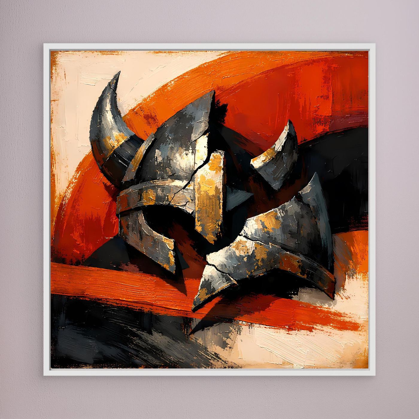 Leinwandbild mit Wikingerhelm, abstraktes Gemälde in Grau, Schwarz und Orange, weißer Rahmen