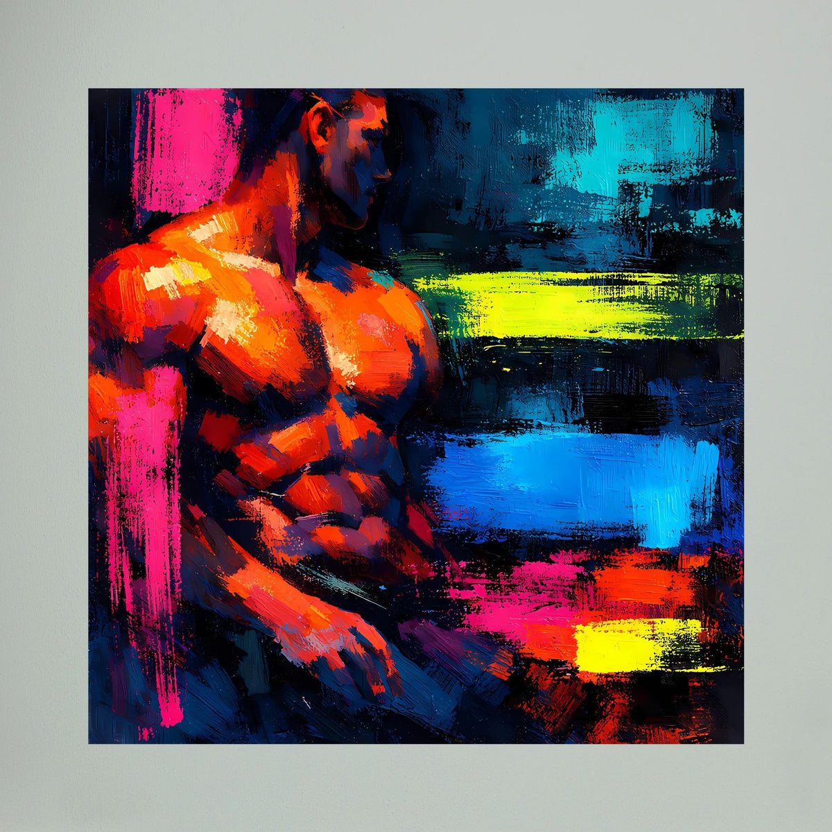 Leinwandbild im Querformat mit abstraktem männlichem Torso, orange/pink auf blau, mit gelben Linien
