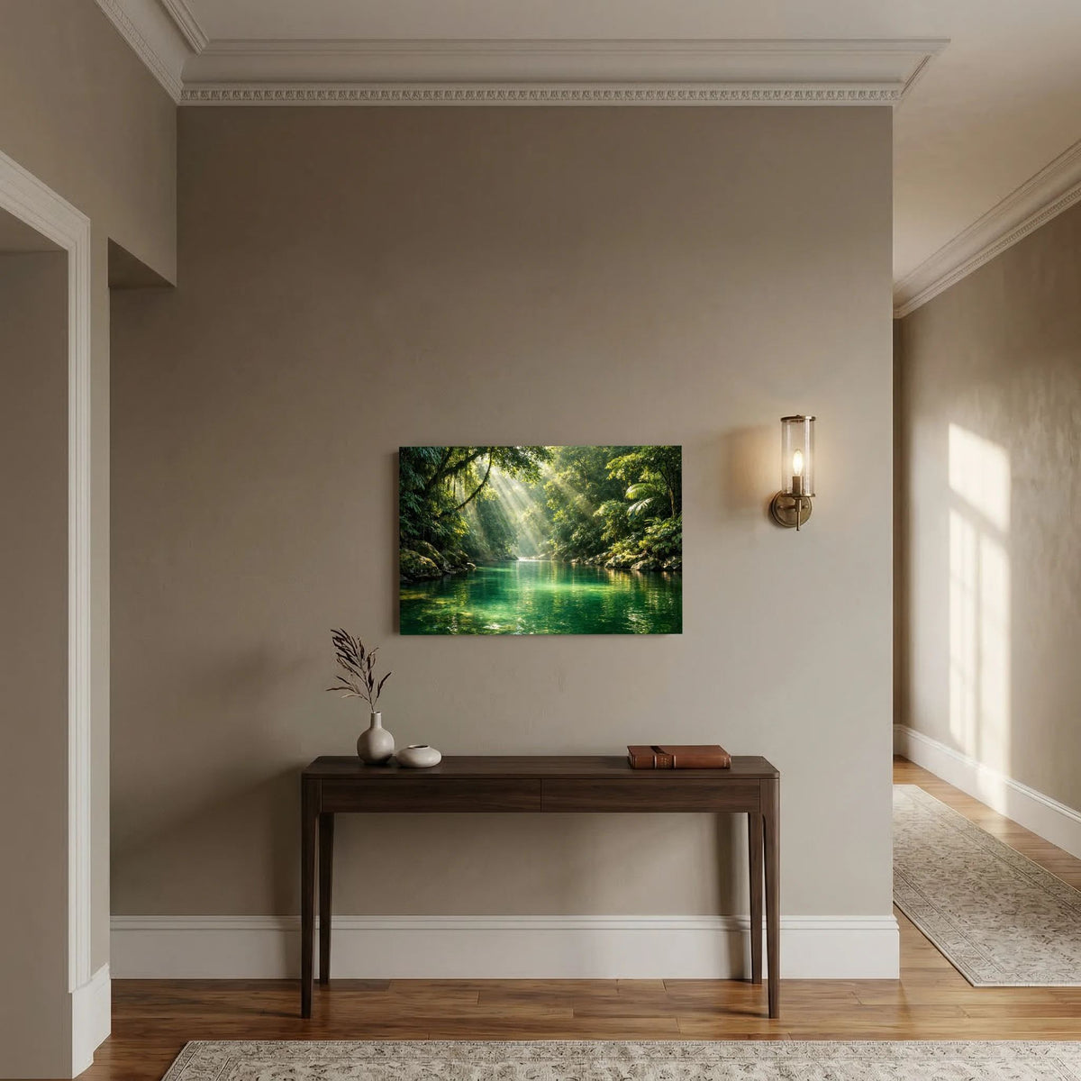 Poster Dschungel-Flusslandschaft im Querformat, grüne Natur und Lichtstrahlen