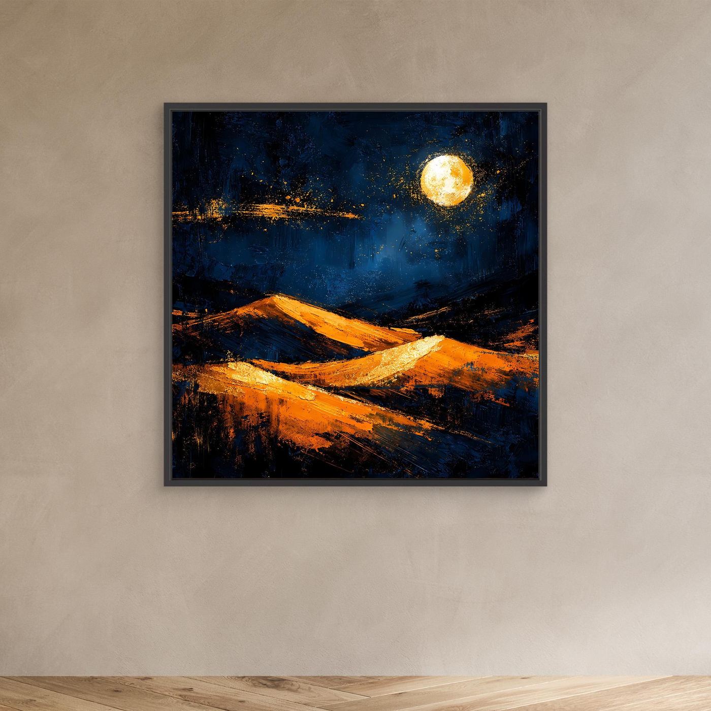 Abstraktes Leinwandbild mit goldener Sonne, orange Dünen und dunklem Blau im schwarzen Rahmen