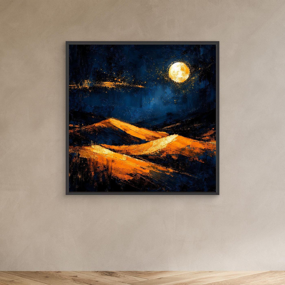 Abstraktes Leinwandbild mit goldener Sonne, orange Dünen und dunklem Blau im schwarzen Rahmen