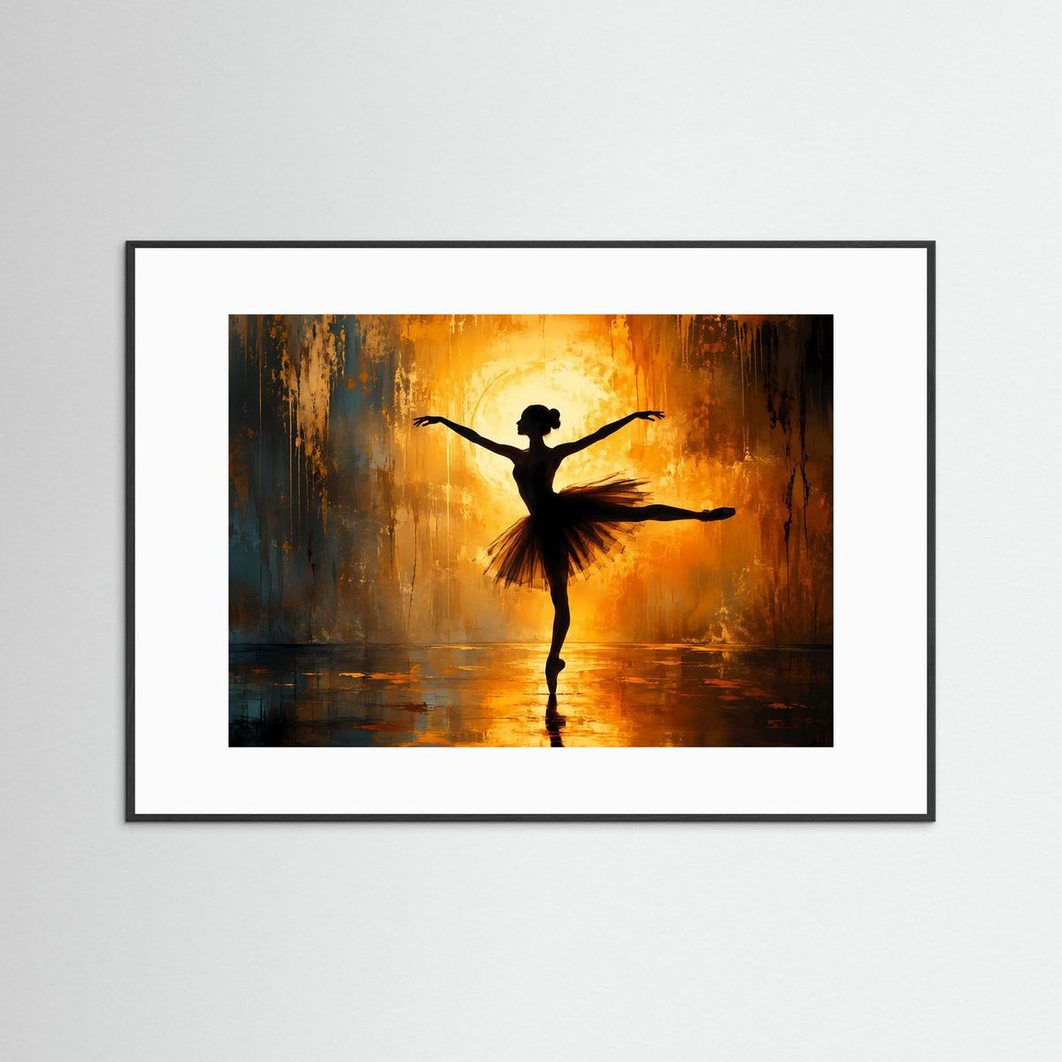 Ballett-Wandbild mit schwarzem Rahmen und weißem Rand: schwarze Ballerina-Silhouette