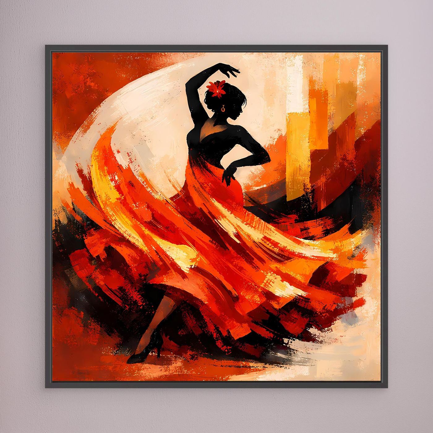 schwarz gerahmtes Leinwandbild einer Flamenco-Tänzerin mit roten, orangefarbenen und gelben Pinselstrichen