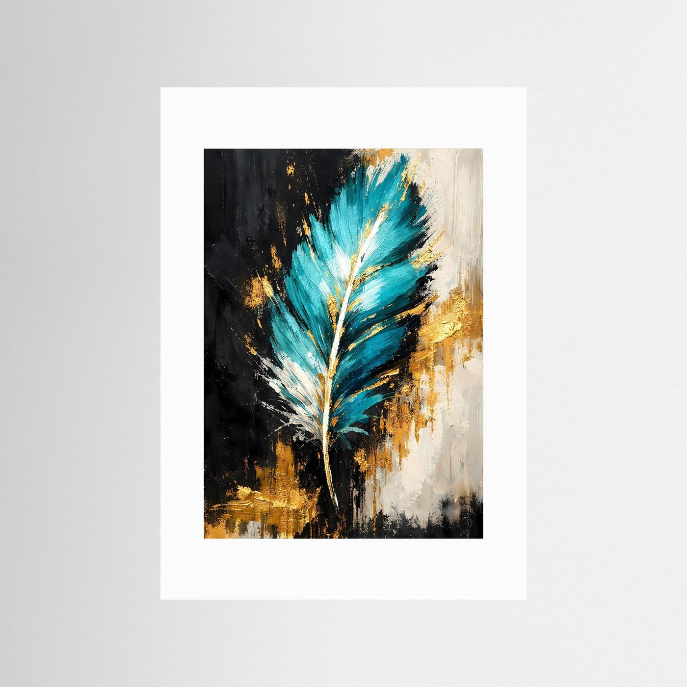 Abstraktes Feder-Kunstposter mit weißem Rand, türkisblauer Feder und goldenen Spritzern