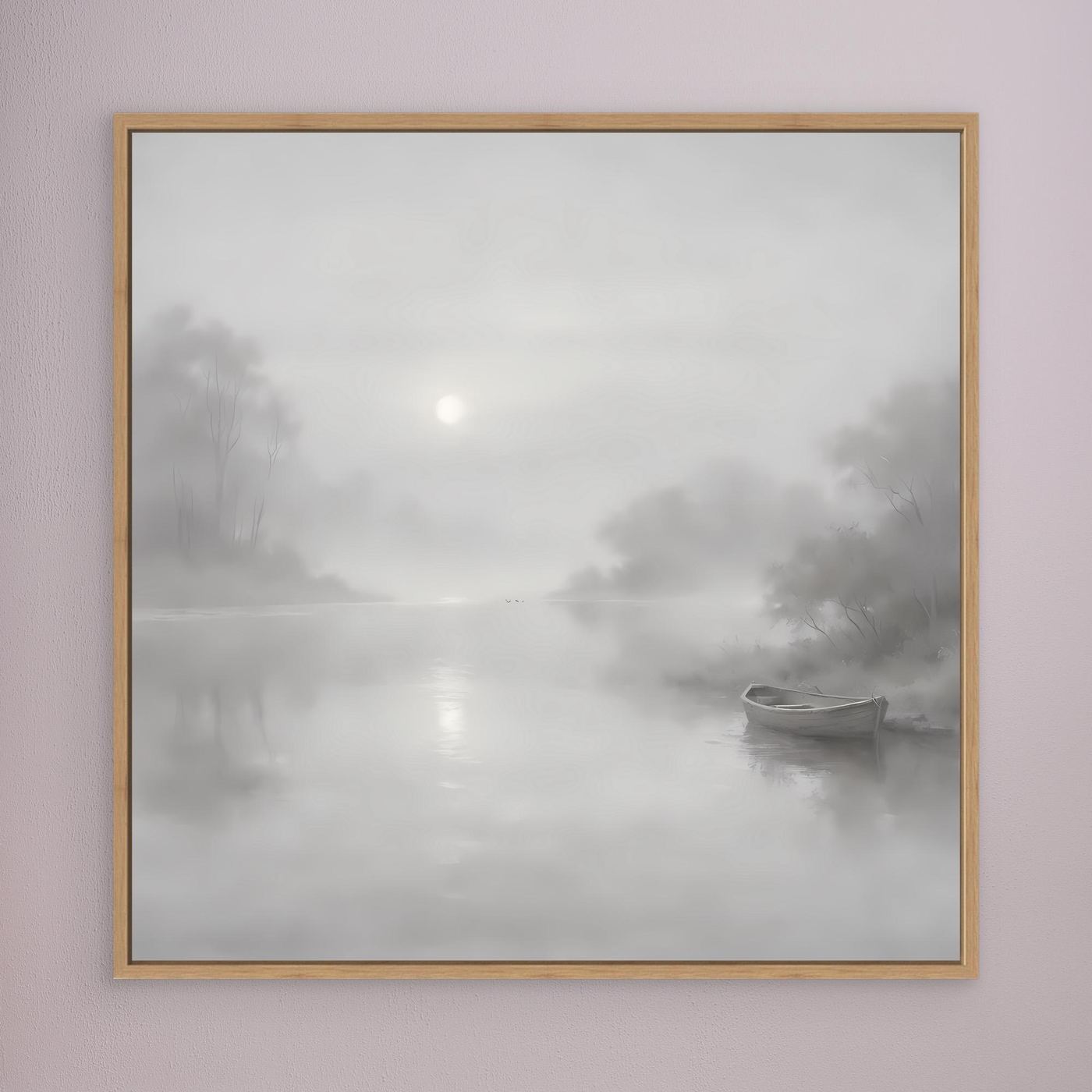 Leinwandbild mit grauem Nebel-Fluss und Boot, goldbrauner Holzrahmen