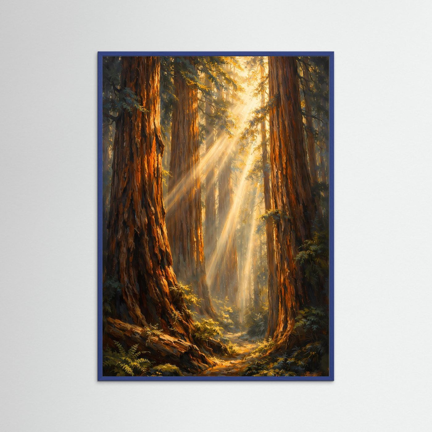 Wandposter im Hochformat mit blauem Rahmen: Redwood-Wald und goldene Lichtstrahlen