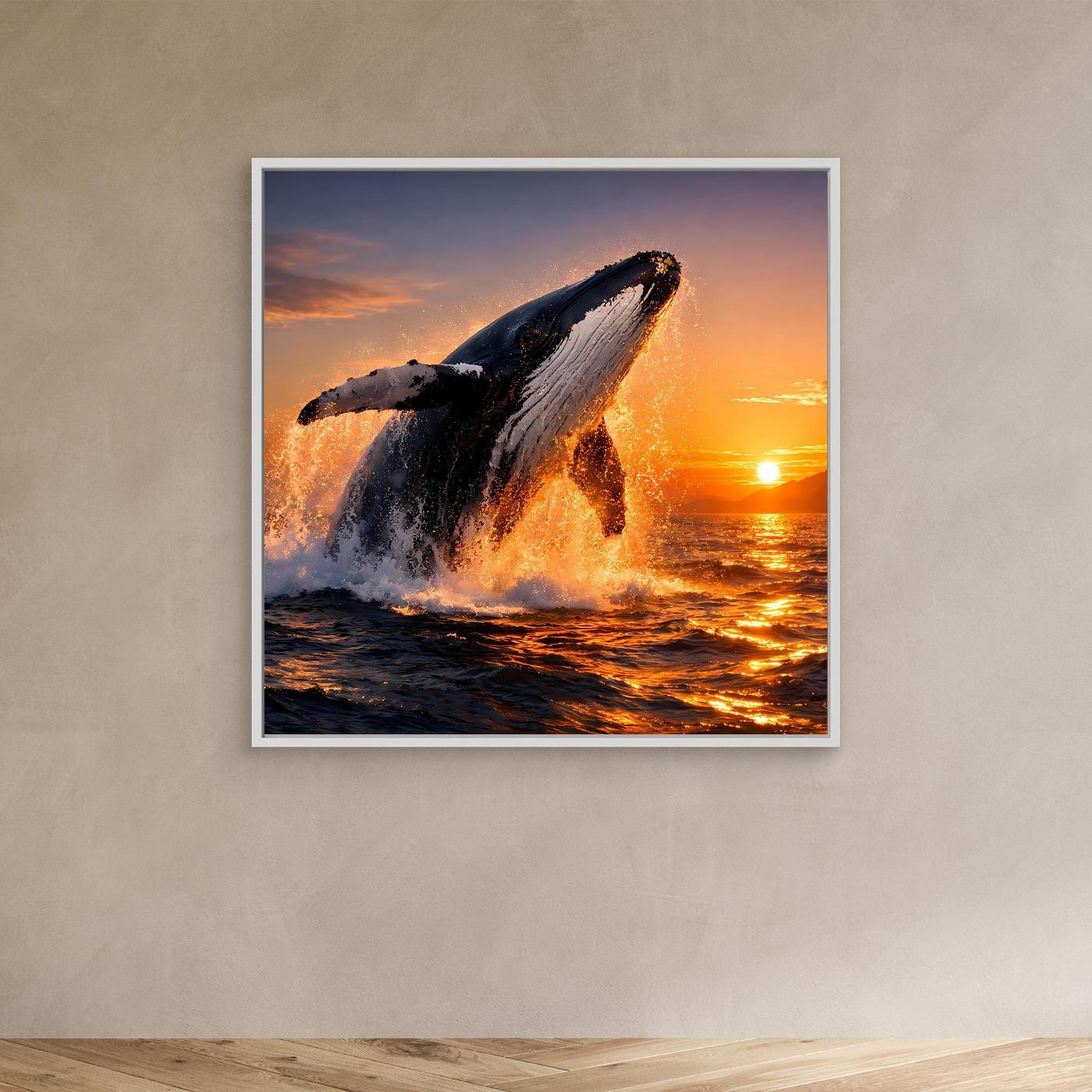 Kleines Leinwandbild mit springendem Buckelwal am Meer, im weißen Rahmen.