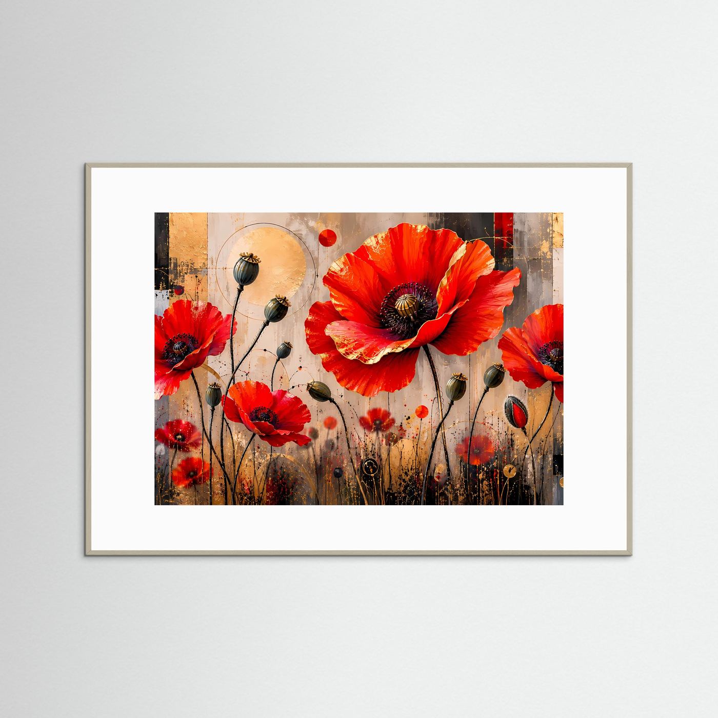 Strahlende Mohnblumen in Rot & Gold | Abstrakte Blumen & Natur Poster Querformat