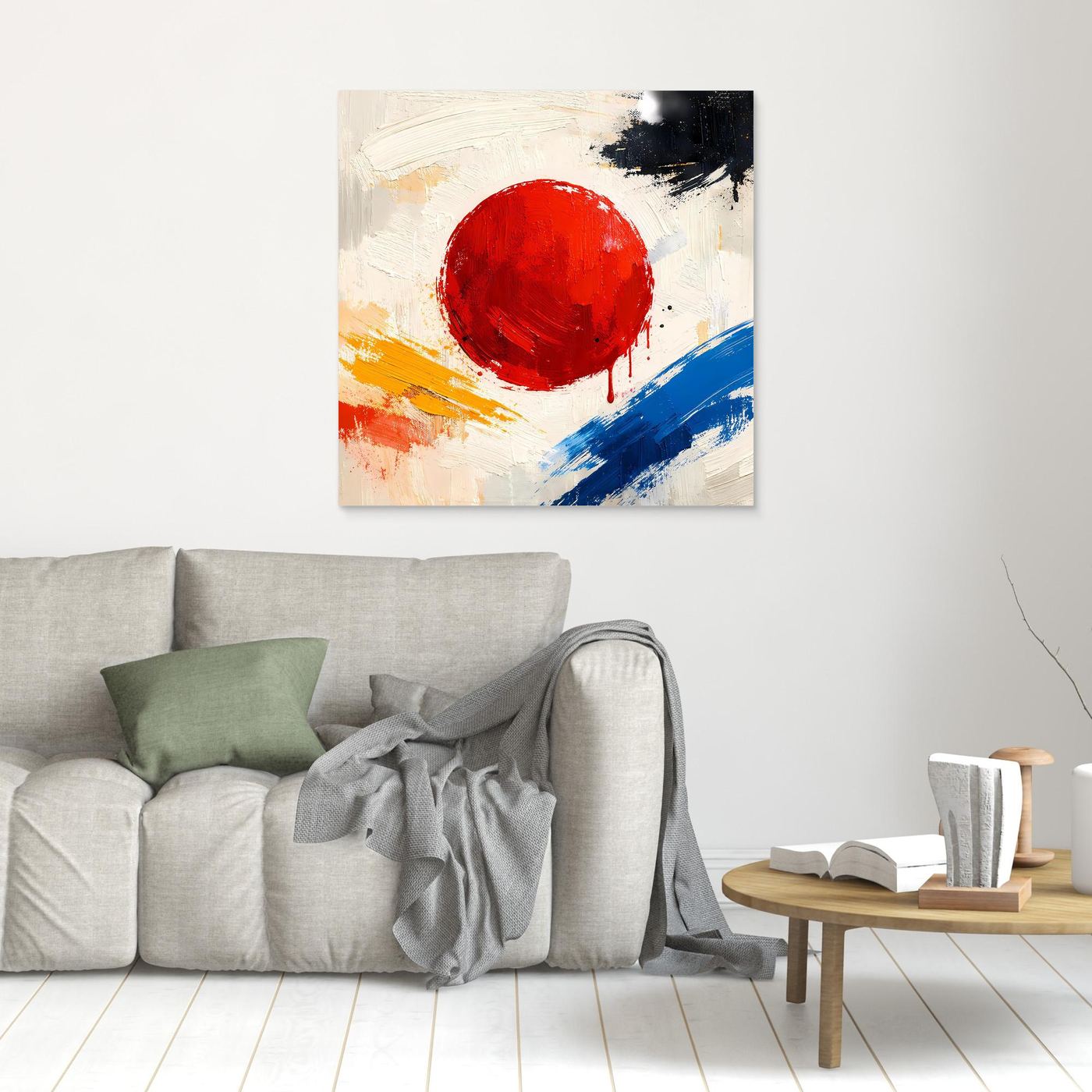 Small abstract wall canvas with red sun circle and blue, orange brush strokes, no frame.