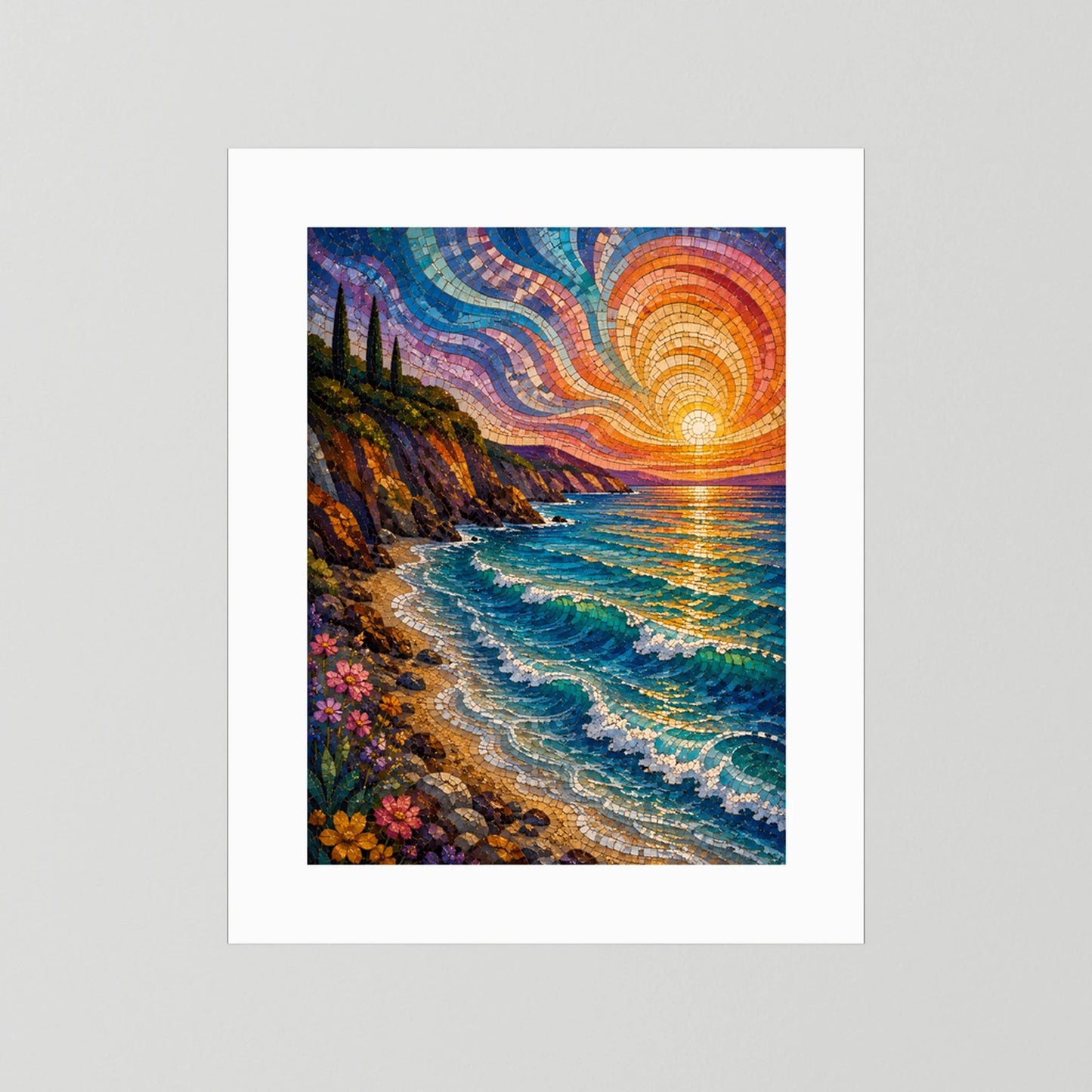 Mediterrane Küste im Mosaikstil | Sonnenuntergang am türkisblauen Meer | Poster Hochformat