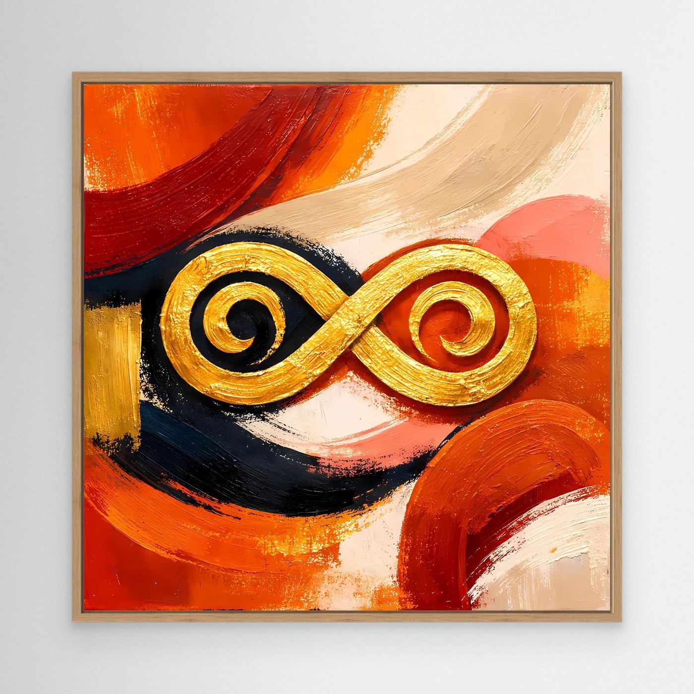Abstraktes Leinwandbild mit goldener Unendlichkeits-Symbolik im hellen Holzrahmen, orange-rot