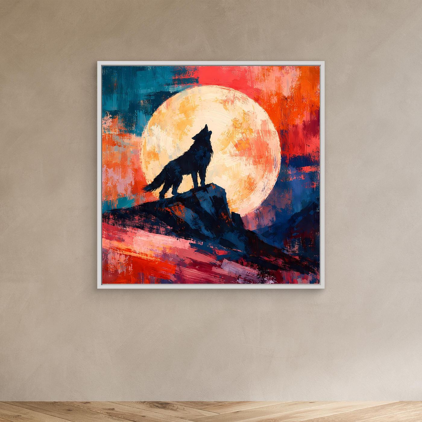 Leinwand Abstraktes Wolf Gemälde | Modernes Mystisches Wandbild Heulender Wolf Vollmond