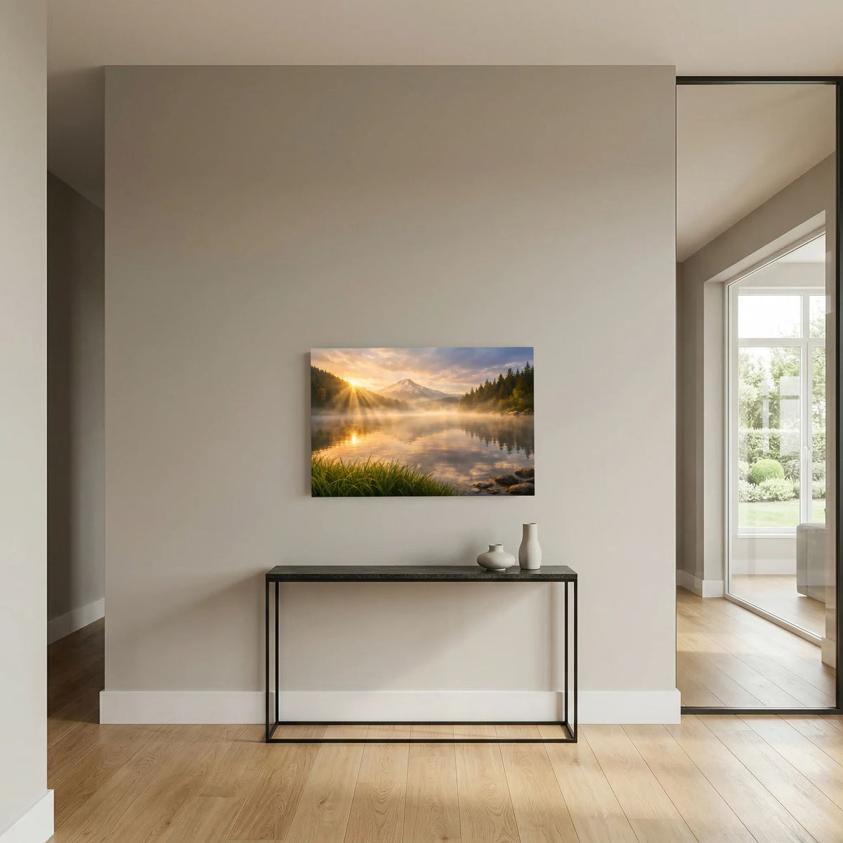 Wandbild-Poster im Querformat mit Bergsee, Nebel und Sonnenstrahlen am Horizont