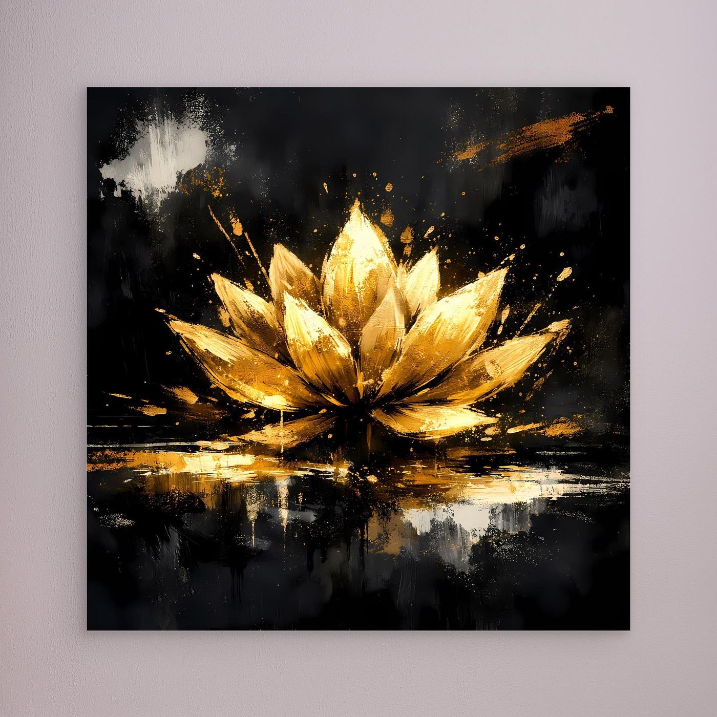 Leinwand Goldene Lotusblüte Abstrakt | Modernes Lotus Wandbild Schwarz Gold