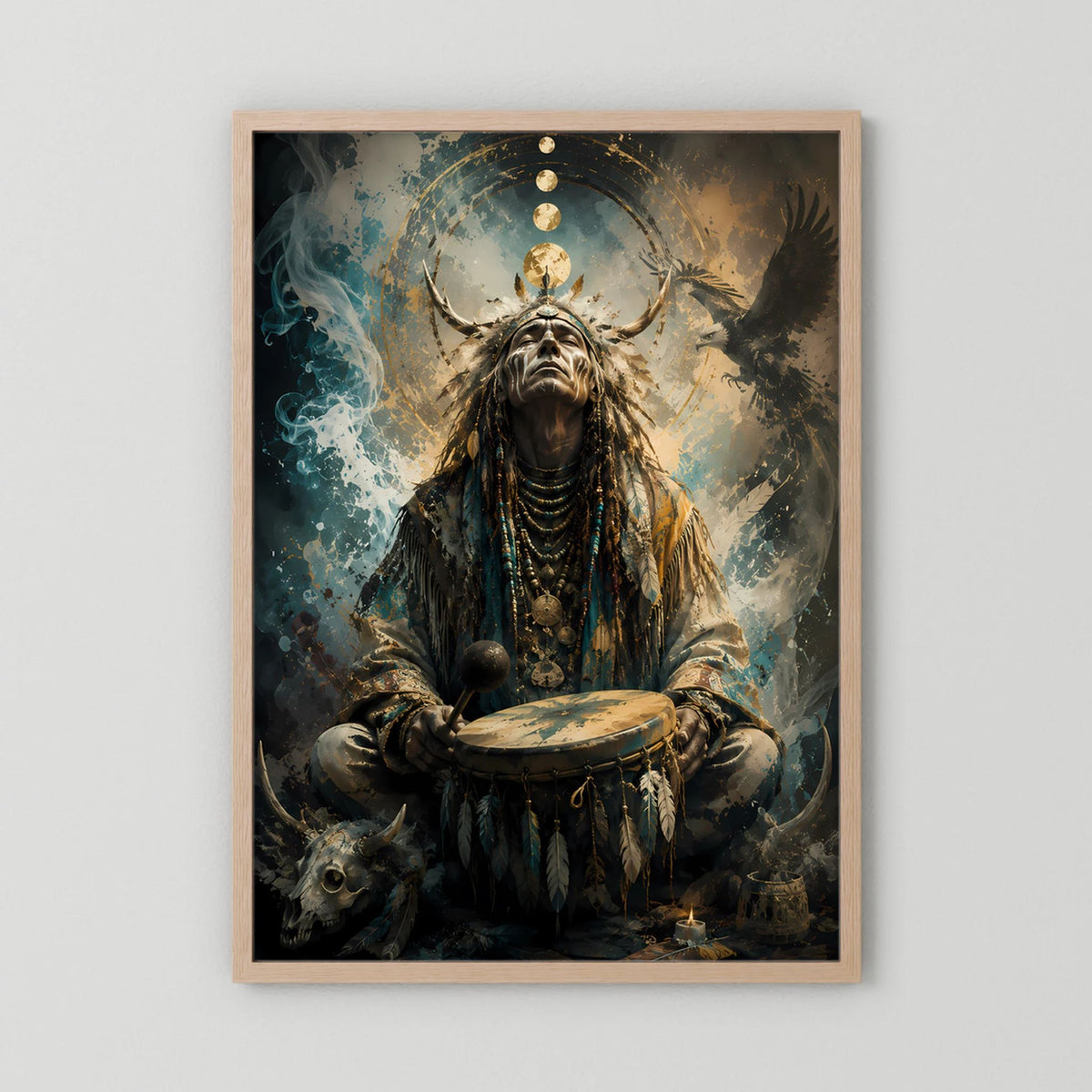 Hochformatiges Kunstposter: Schamane mit Trommel und Adler, gold-blau, Holzrahmen natur
