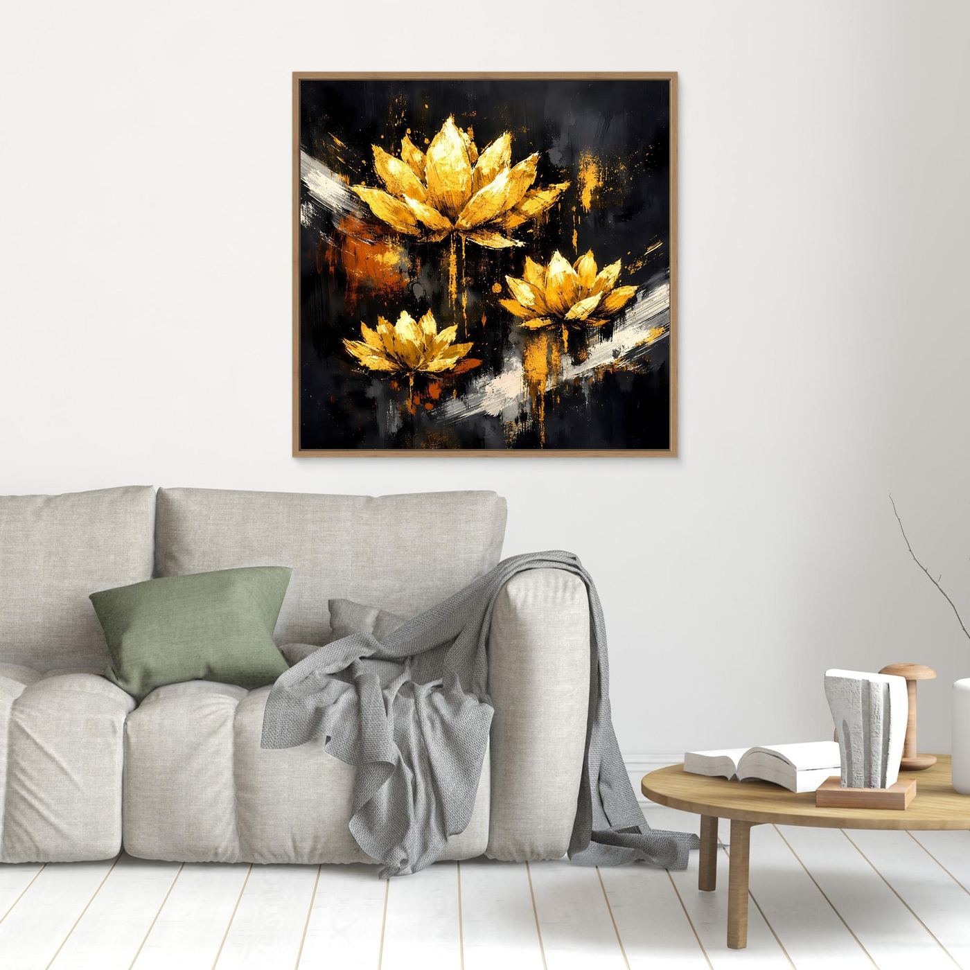 Leinwand Edle Lotusblüten in Gold und Schwarz | Modernes Florales Luxus Wandbild