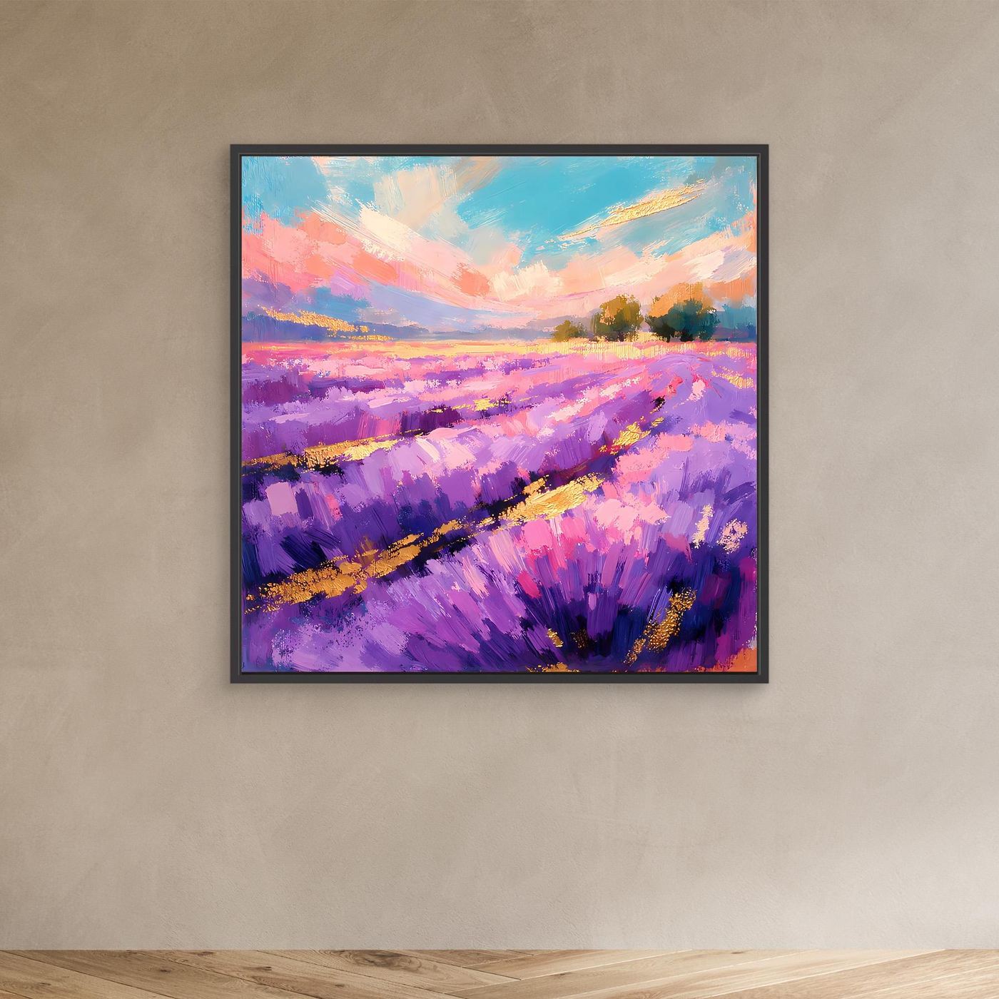 Abstraktes Leinwandbild mit violettem Lavendelfeld, im schwarzen Rahmen