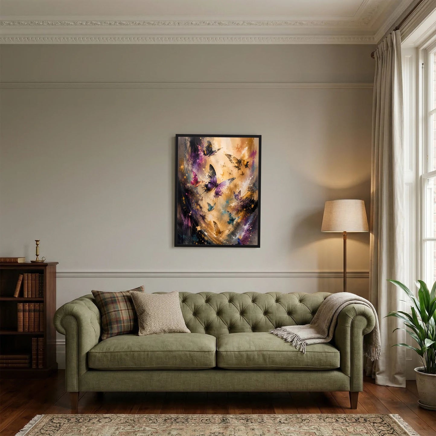 Hochformat-Poster mit abstrakten Schmetterlingen in Gold und Violett, schwarzer Rahmen