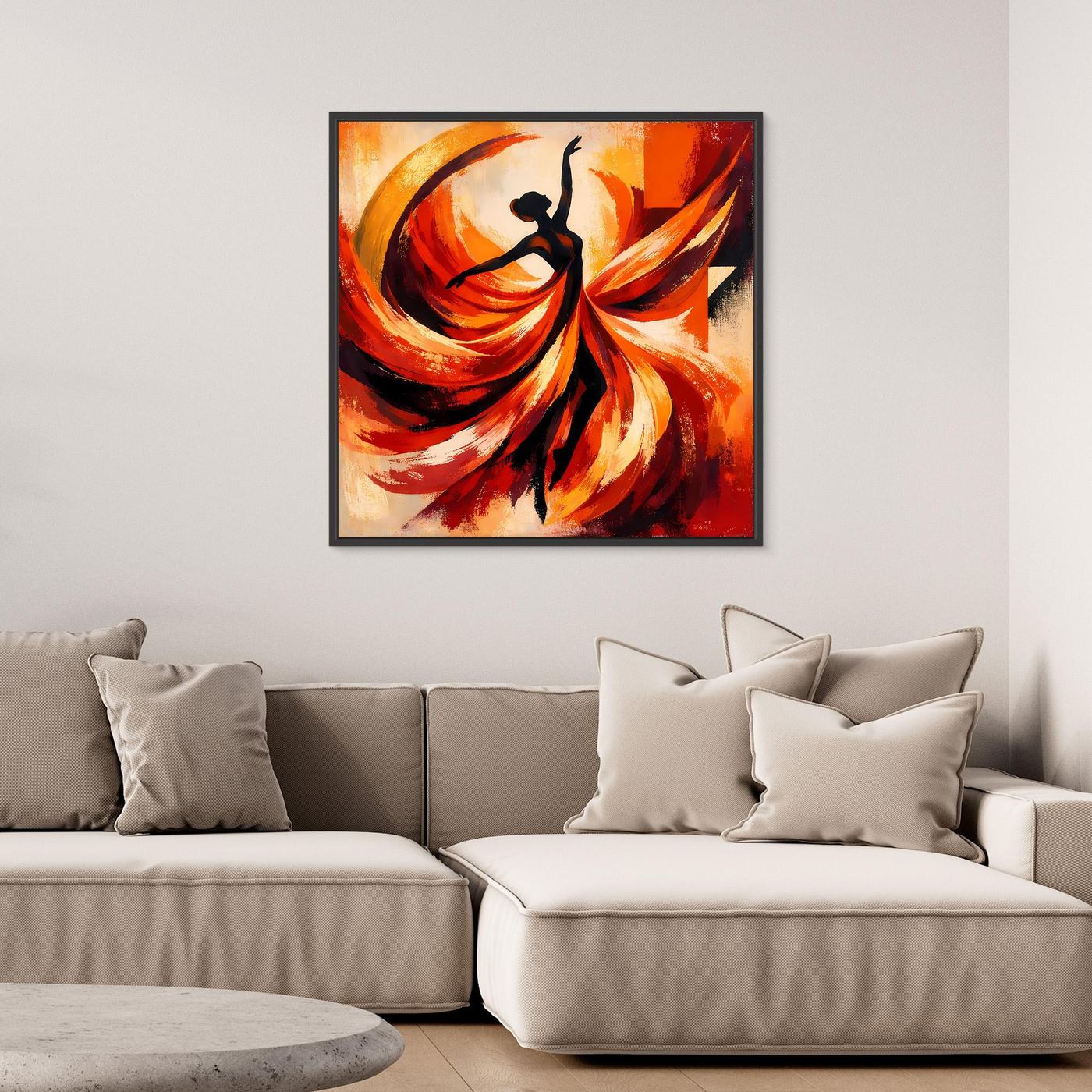 Quadratisches Leinwandbild mit Rahmen, abstrakte Ballerina in feurigen Farben, schwarze Silhouette.