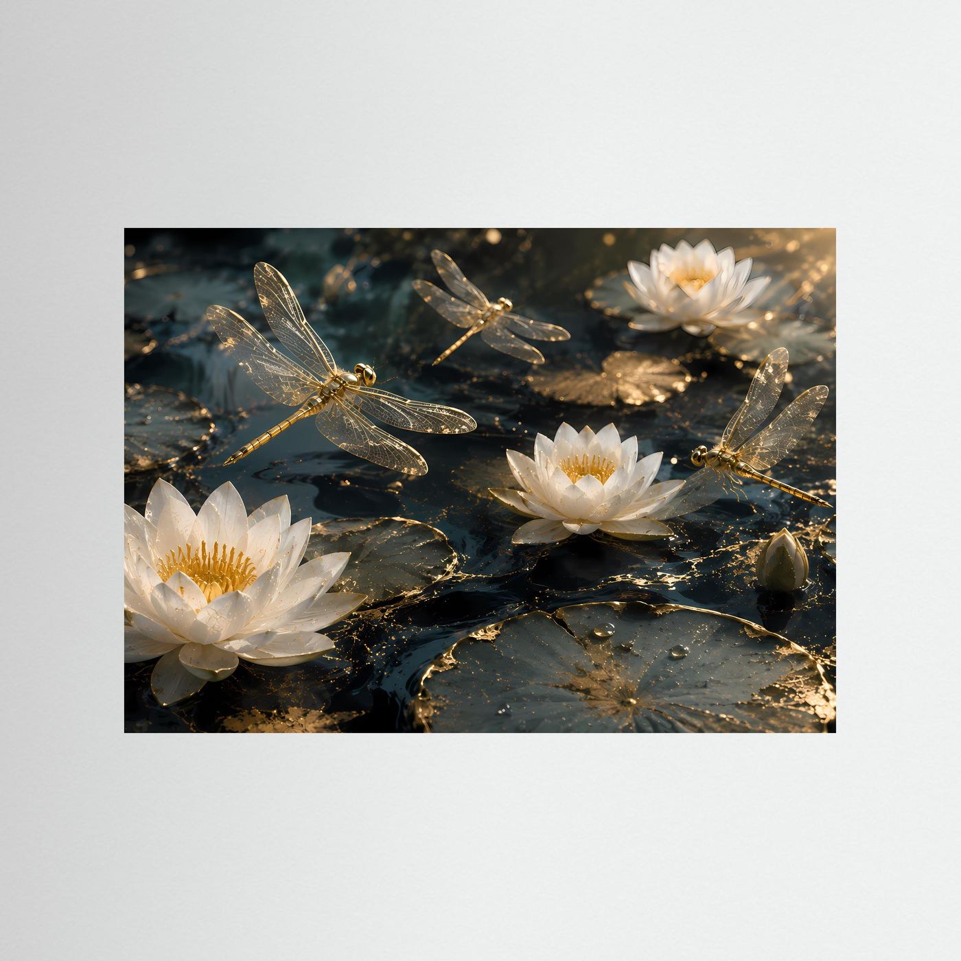 Weiße Lotusblüten Poster | Goldene Libellen über Seerosen | Elegantes Zen Wandbild | Luxuriöse Botanische Wandkunst | Premium Wall Art