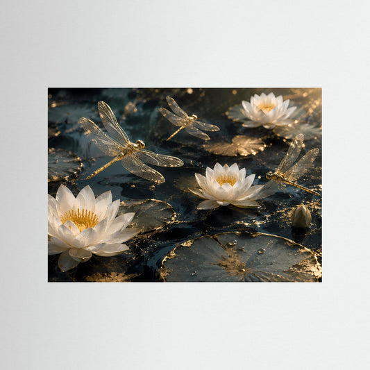 Poster mit weißen Lotusblüten und goldenen Libellen über Seerosen auf dunklem Wasser